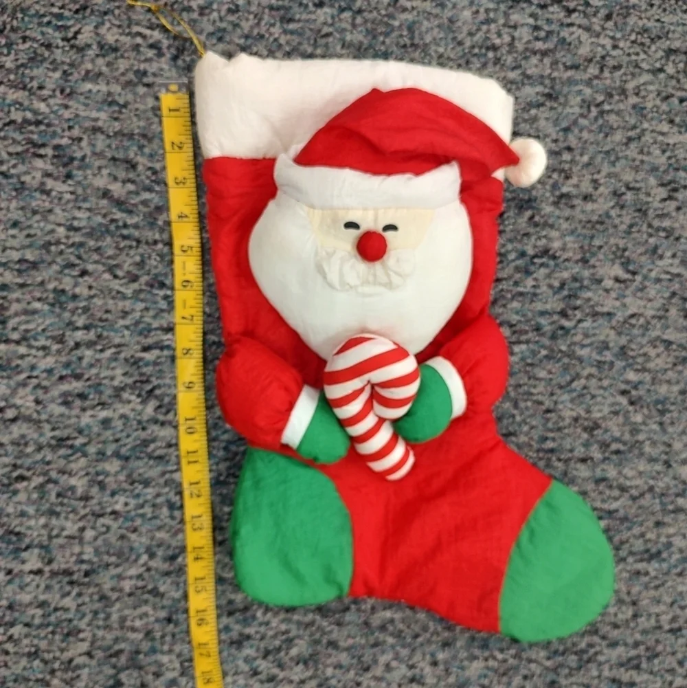 Vintage Nylon Parachute 3D Plush Santa Claus Candy Cane Christmas Stocking